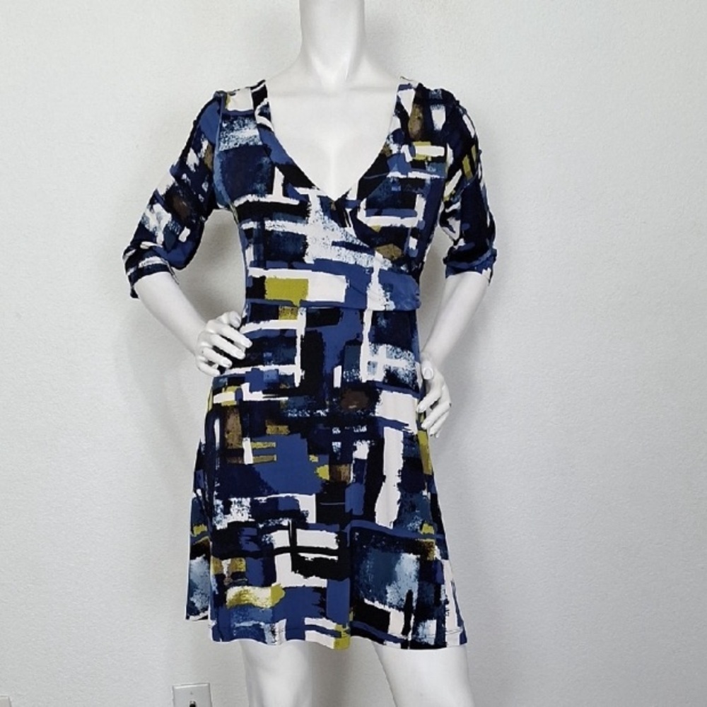 LBissê Blue Abstract Geometric Brushstroke Print A-Line Wrap Dress Size L